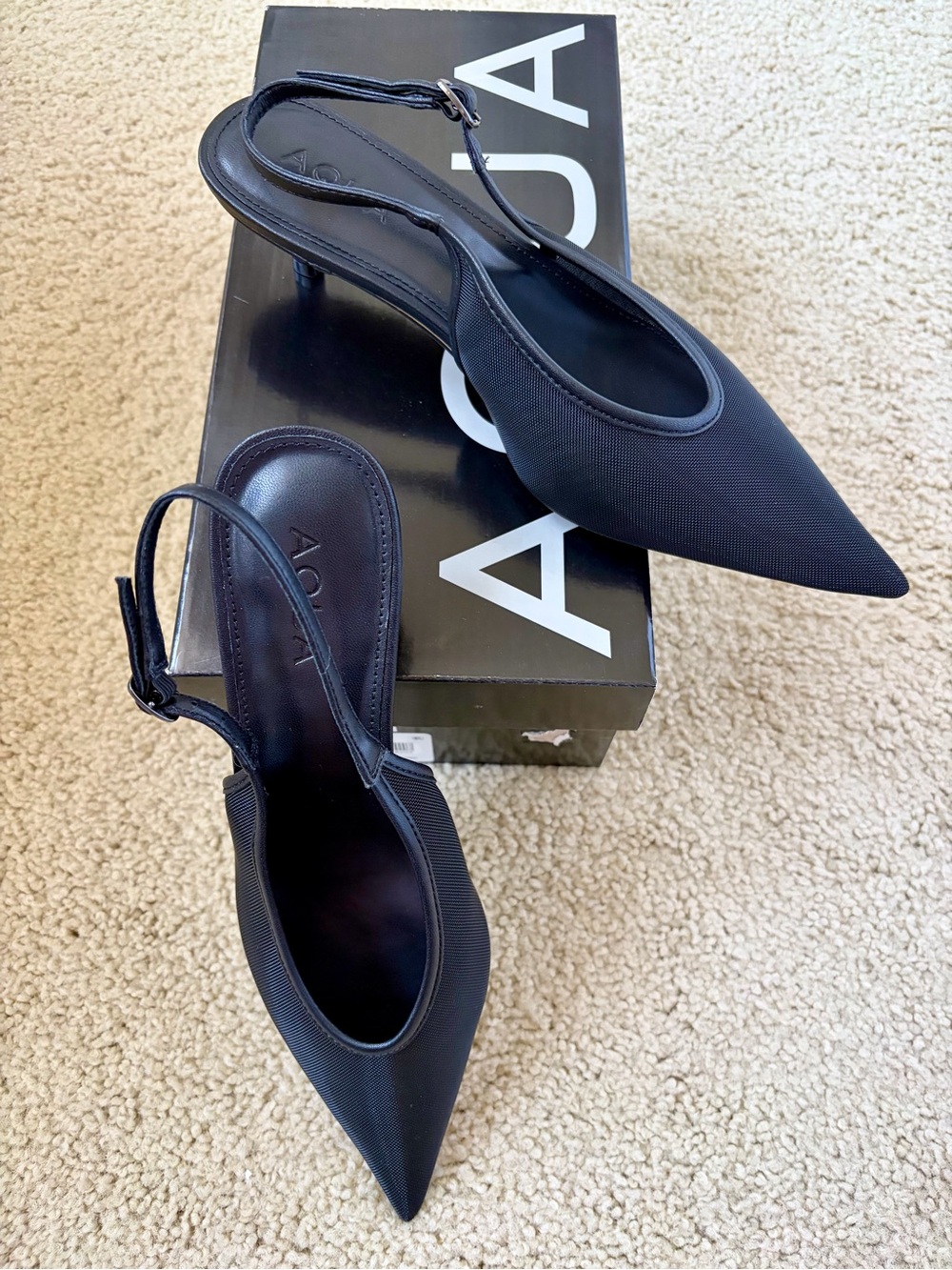 Aqua Black Pointed Slingback Kitten Heel Pumps